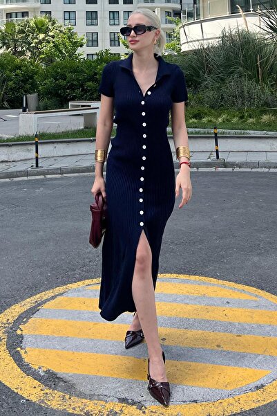 Madmext Lacivert Düğmeli V Yaka Uzun Triko Elbise MG2078