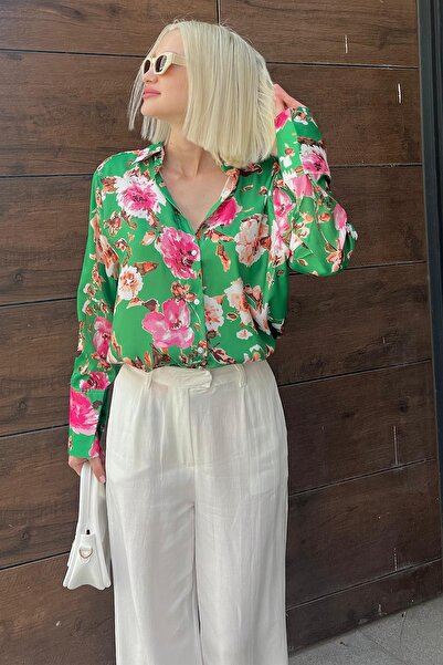 Madmext Yeşil Çiçek Desenli Saten Gömlek Mg1787