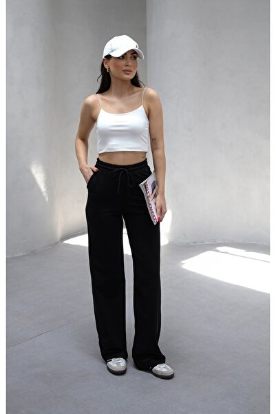 veres Γυναικείο μαύρο φούτερ με 2 κλωστές Palazzo ψηλόμεσο φαρδύ φαρδύ πόδι