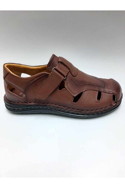 Luis Figo Lui̇s Fi̇go Genuine Leather Orthopedic Tan Color Velvet Men's Sandals Number 38-39