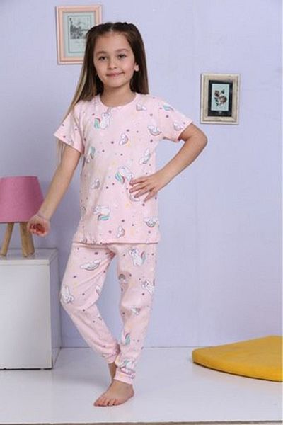 Yağmur Giyim Elmkp Pink Kitten Pattern Twill Fabric Girls Pajamas Set 3-10 Years 1113