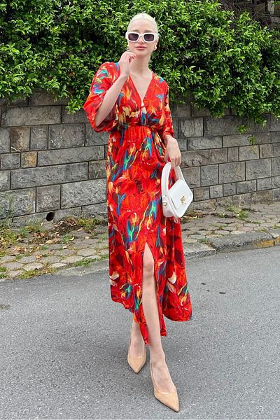 Madmext Red Long V-Neck Patterned Women's Dress MG2076