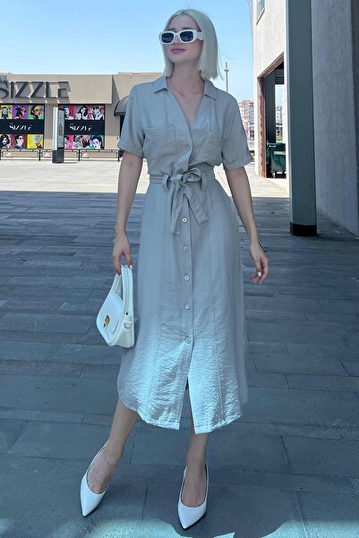 Madmext Boyalı Gri Gömlek Yaka Cep Detaylı Düğmeli Uzun Elbise MG2083