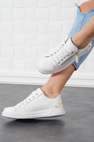 Moda Pie Pantofi sport Delpa pentru femei cu perle din spate piele albă