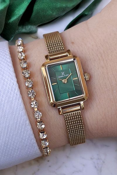 Daniel Klein 23mm Square Case Green Dial Mini Wrist Watch - Jewelled Bracelet Gift, Gold Yellow Steel Bracelet
