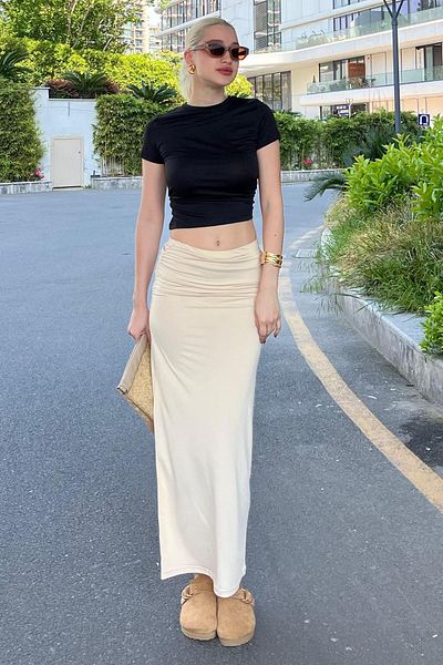 Madmext MG2085 Model Fusta Maxi Bej - Side Gathered