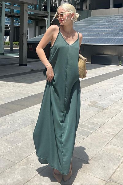 Madmext MG2038 Πράσινο Oversize Μακρύ Φόρεμα με λουράκι
