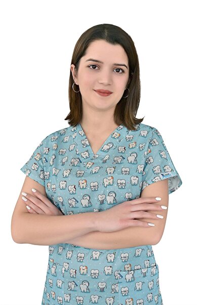 Nur Ortopedi Unisex Master Likra Mavi Diş Desenli Doktor Hemşire Diş Hekimi Tek Üst Scrubs Forma