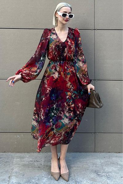 Madmext Red V-neck Long Sleeve Patterned Chiffon Dress MG2072
