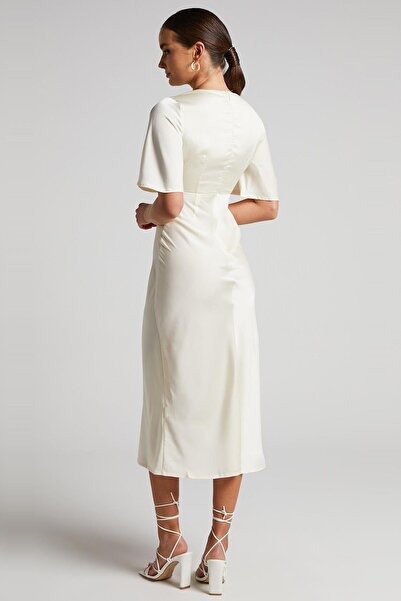 Madmext Bej Midi Boy Kısa Kollu Saten Elbise MG2013