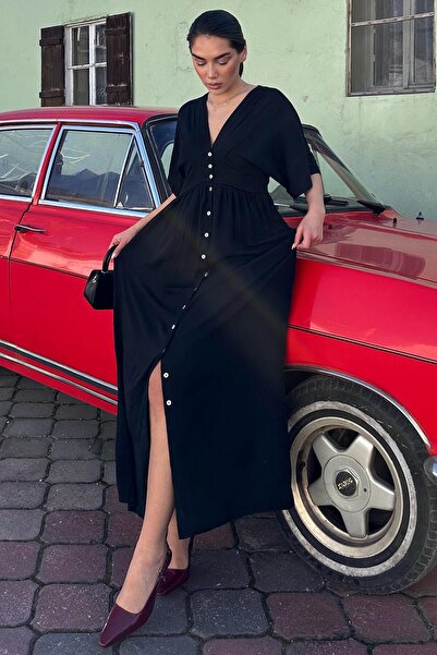 Madmext Siyah V Yaka Düğmeli Elbise Mg2339