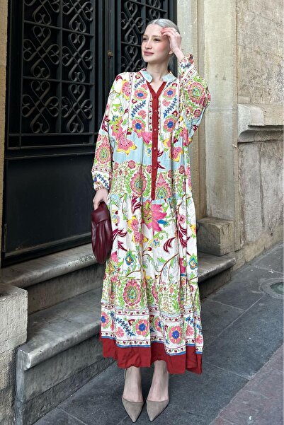 Madmext Bej Bilekleri Lastikli Yarım Düğmeli Hakim Yaka Çiçekli Elbise MG2028