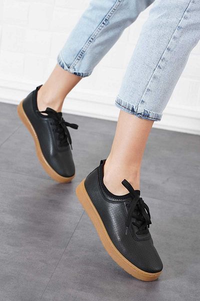 Moda Pie Pantofi sport pentru femei Lestar Strech cu împânzire din cauciuc, piele neagră