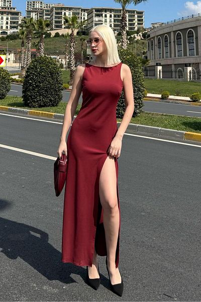 Madmext Rochie de damă cu detaliu cu fante maxi roșu Claret Mg2367