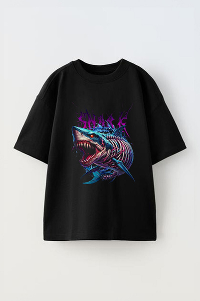 Anetos Tricou Sharke Design Front cu imprimeu Cotton Black supradimensionat