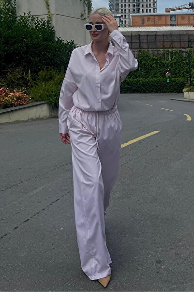 Madmext Rózsaszín csíkos hosszú ujjú ing és nadrág szett - MG2124