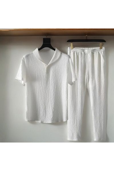 Fifty Color Alaçatı Style Men's Wrinkled Crinkle Fabric Summer Lycra Polo Collar Tshirt and Sweatpants Suit Combination