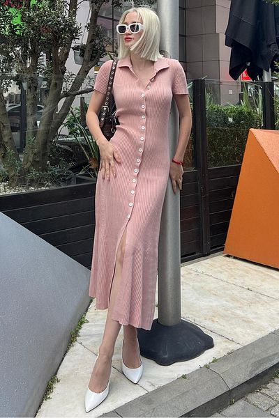 Madmext Φόρεμα με μακρύ πλεκτό V-Neck - Πούδρα, με κουμπιά MG2078