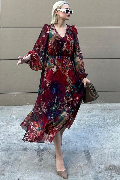 Madmext Red V-neck Long Sleeve Patterned Chiffon Dress MG2072