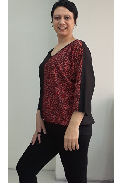 Mertcan Butik Black V-Neck Skirt Cuffed Dark Red Color Block Combed Viscose Bat Elbow Sleeve T-Shirt