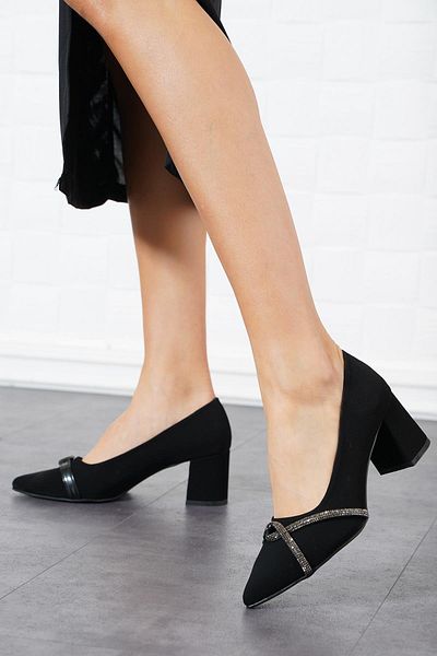 Moda Pie Pantofi cu toc pentru femei Loly Yan Cross Stone din piele intoarsa neagra