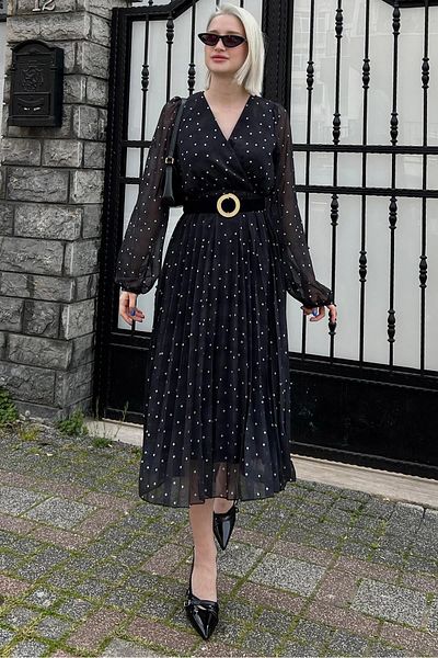 Madmext Black Double-breasted Collar Polka Dot Chiffon Dress MG2065