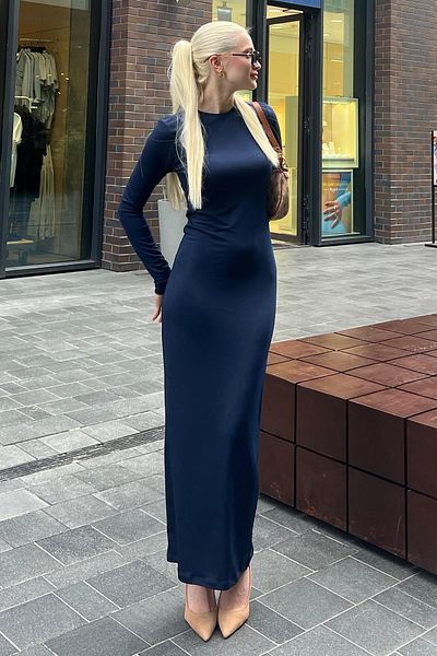 Madmext Navy Basic Half Fisherman Long Sleeve Dress MG1947