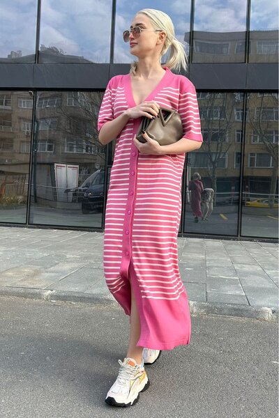 Madmext Pembe Düğmeli Triko Kadın Elbise Mg1648