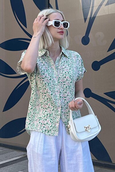 Madmext Yeşil Çiçek Desenli Kısa Kollu Kadın Gömlek MG2098