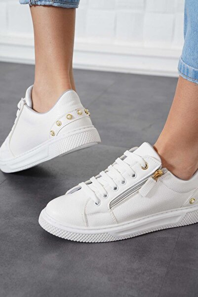 Moda Pie Delpa Arka İncili Kadın Spor Ayakkabı Beyaz Cilt