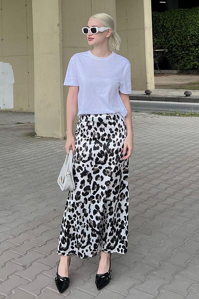 Madmext Fehér Leopárd mintás Midi hosszúságú szatén szoknya MG2079