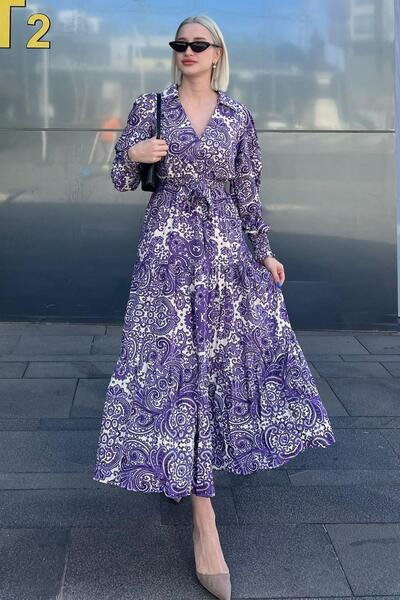 Madmext Дълга дамска рокля MG2052 с лилава яка с двуредно закопчаване