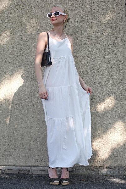 Madmext Λευκό πλισέ μακρύ φόρεμα