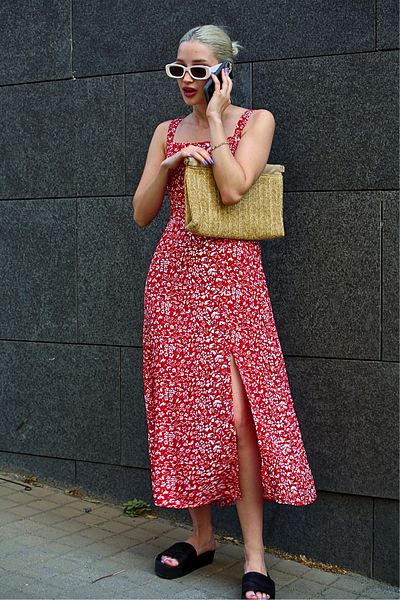 Madmext Red Patterned Slit Long Dress MG1868