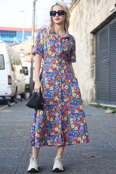 Madmext Rochie midi cu guler cămașă albastră cu modele florale Mg1821