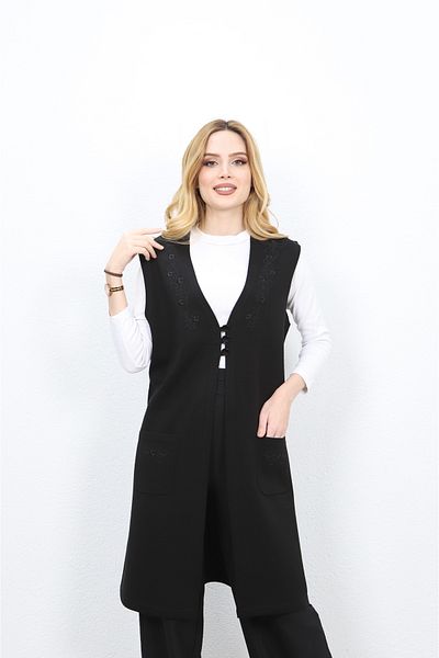 Özenli Triko Black Steel Mesh Tunic and Vest for Mom - with Chest Embroidery