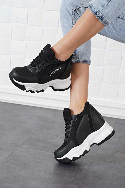 Moda Pie Γυναικεία αθλητικά παπούτσια Nutset Meshed High Sole Μαύρο δέρμα