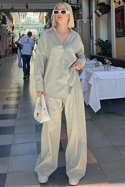 Madmext Zöld csíkos hosszú ujjú ing és nadrág szett - MG2124