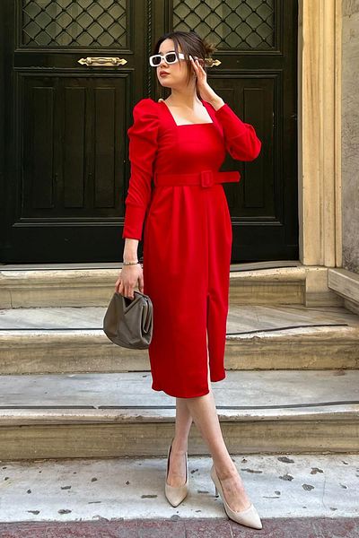 Madmext Red Watermelon Sleeve Square Collar Pencil Dress MG2046
