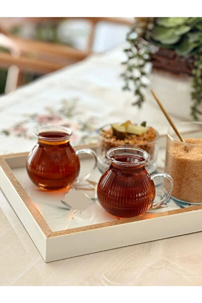 ellahomedekor 6'lı Keyfi Ala Çizgili Borosilikat Cam Kulplu Çay Bardağı 220ml...