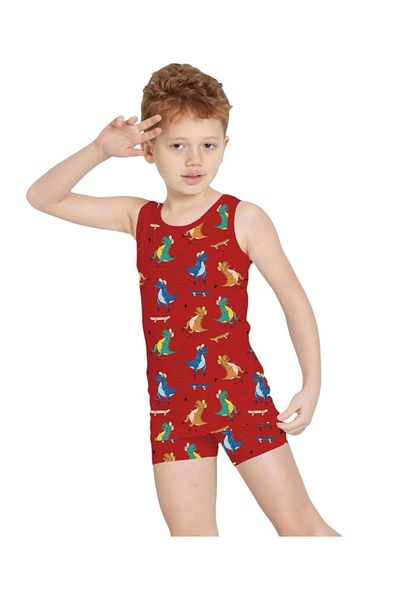 Yağmur Giyim Elm Red Dinosaur Patterned Boy's Athlete Boxer Set 7061