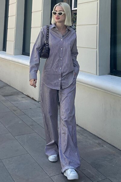 Madmext Burgundy Striped Shirt and Pants Set - Long Sleeve MG2124