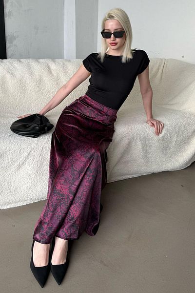Madmext Fusta lungă de damă din satin cu model burgundy Mg2333