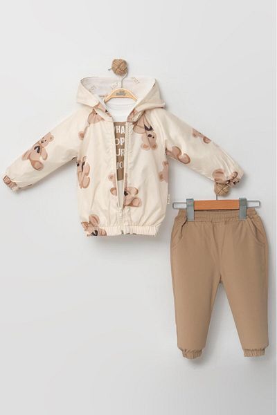 Mini Baray Baby Boy Bear Printed Raincoat 3-Piece Cotton Set (9-12-18-24 Months) - Color Options