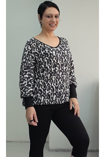 Mertcan Butik Black Ecru Smoked Print V-Neck Skirt Long Sleeve Pleated Viscose T-Shirt with Sleeves Cuffs