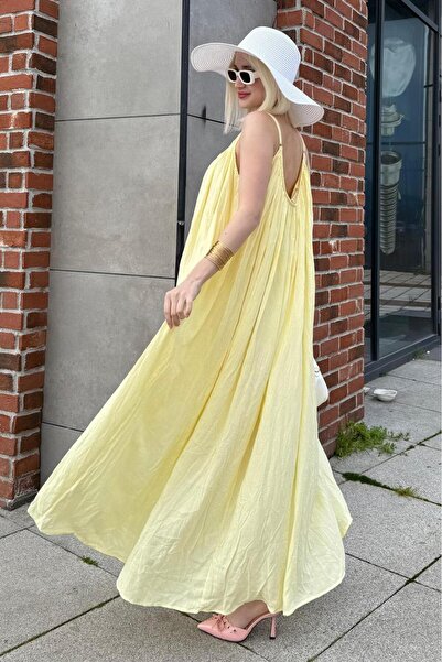 Madmext Sarı Halter Yaka Askılı Uzun Basic Kadın Elbise MG2163