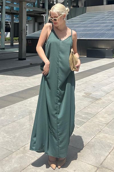 Madmext MG2038 Πράσινο Oversize Μακρύ Φόρεμα με λουράκι