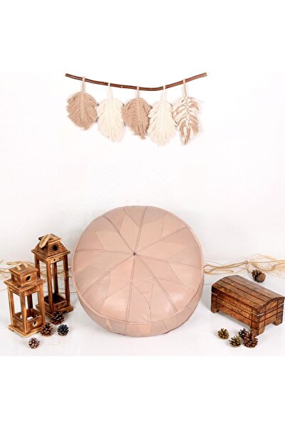 Ottoman Pouffe El Yapımı Hakiki Kuzu Derisi Bahçe Balkon Bungalov Puf Yer Minderi Krem 60x30cm(DOLGULU)