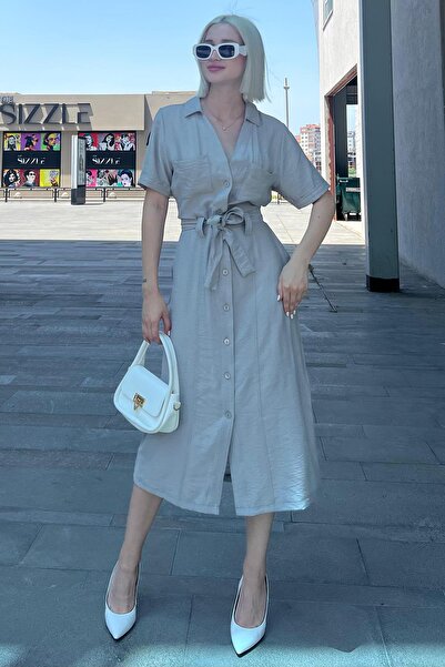 Madmext Boyalı Gri Gömlek Yaka Cep Detaylı Düğmeli Uzun Elbise MG2083