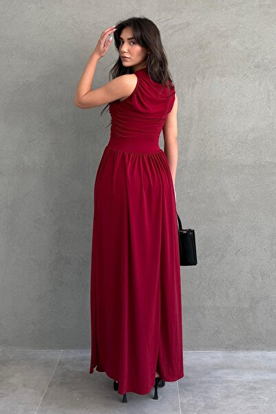 Madmext Bordo Önü Dökümlü Uzun Boy Kadın Elbise Mg2364